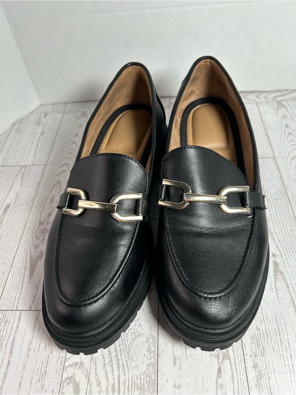 Rachel Zoe Black Leather Loafers with Gold Chain Trim